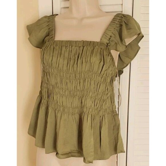 NWT $175 TED BAKER LONDON ALOVIA SMOCKED TOP LACE UP BACK MID-GREEN TOP SZ 2/US6 - Picture 5 of 12